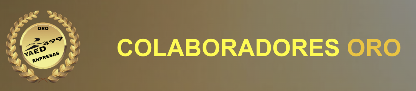 Logotipo de "Colaboradores Oro" con símbolo dorado y fondo amarillo.